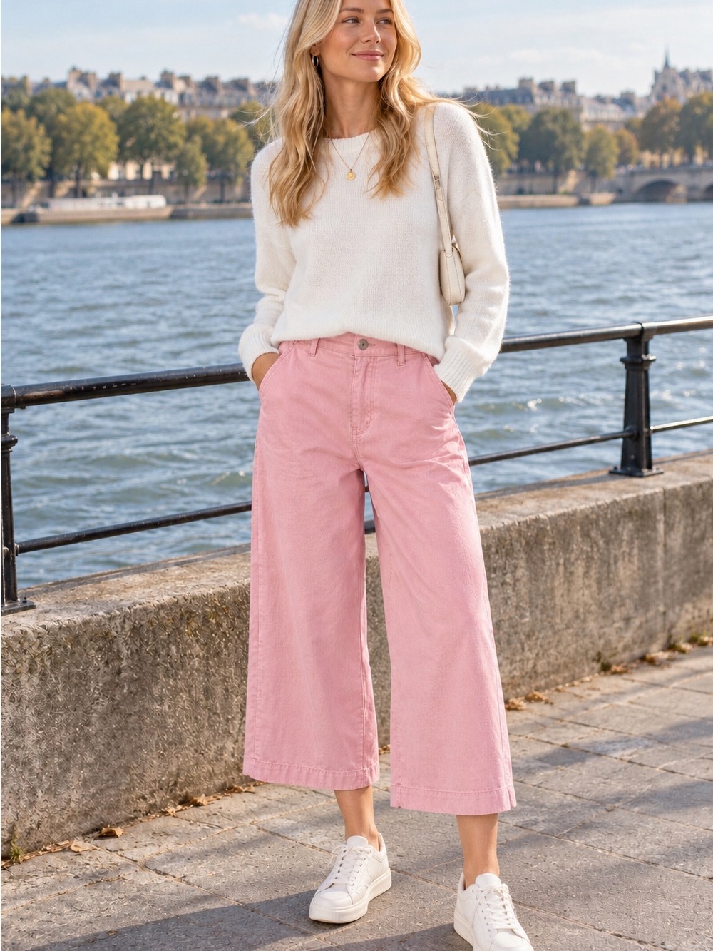 Zenana Outfitters Pink Wide-Leg Cropped Pants in Light Pink